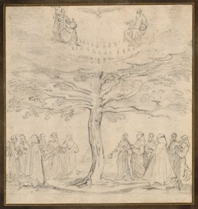 De Heilige Drie-eenheid in de boom des levens aanbeden door Franciscanen door Jacques Callot