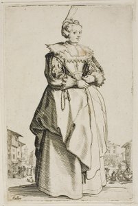 De Dame met de Kleine Opgeheven Kap, plaat één van La Noblesse door Jacques Callot