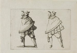 De man gewikkeld in zijn jas, uit De Caprices door Jacques Callot