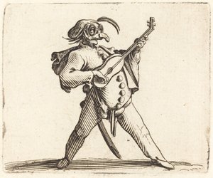 De Gemaskerde Komiek die Gitaar Speelt door Jacques Callot