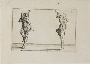 De twee pantalons die naar elkaar kijken, uit De caprices door Jacques Callot