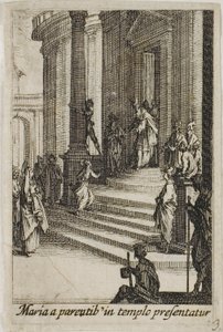 De maagd Maria gepresenteerd in de tempel, uit Het leven van de maagd door Jacques Callot
