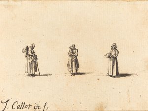 Drie vrouwen, een houdt een kind vast, waarschijnlijk 1634 door Jacques Callot