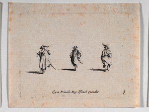 Drie cavaliers, uit Les Fantaisies de Noble J. Callot ... door Jacques Callot