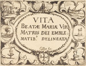 Titelpagina voor "Het leven van de Maagd in emblemen" door Jacques Callot