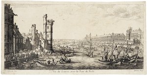 Uitzicht vanaf de Seine naar het Louvre aan de rechterkant ... (ets) door Jacques Callot