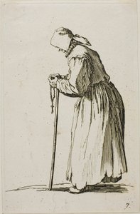 Vrouwelijke Bedelaar met een Rozenkrans, plaat zeven uit De Bedelaars door Jacques Callot