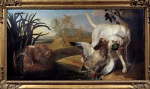 Braque hond met een wilde eend in zijn bek door Jacques Charles Oudry