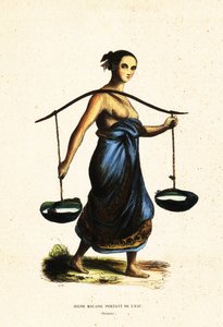 Jonge Maleise vrouw die emmers water draagt met een juk
