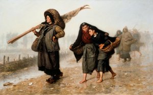 De schelpenverzamelaars. Boerinnen, blootsvoets of op klompen, keren huiswaarts met hun manden vol schelpen en beschermen zichzelf tegen de regen. Schilderij van Jacques Eugene Feyen (1815-1908). Olieverf op doek. Privécollectie.