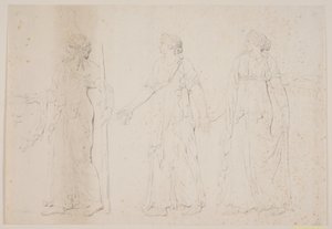 Offerhandeling (?) Drie wandelende figuren in Griekse gewaden. Voorop een man met een amfora en een staf of fakkel, gevolgd door twee vrouwen door Jacques Francois Joseph Saly