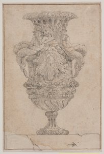 Sierlijke vaas met groot hoofd, zeegod en waternimf. Kopie naar Pl. 26 in de suite van de in 1746 door Saly getekende vazen. "Vasa a se inventa..."