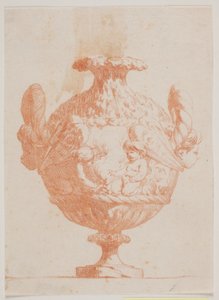Sierlijke vaas met twee hoofden en twee putti. Kopie naar pl. 19 in de suite van de in 1746 door Saly getekende vazen. "Vasa a se inventa..."
