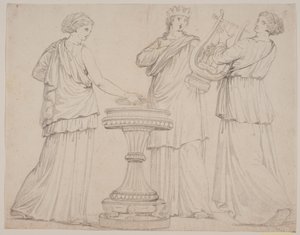 Drie vrouwen in Griekse gewaden bij een altaar. Vrouw links met een tablet (?), in het midden met een kroon, rechts met een lier (terpsichore?) door Jacques Francois Joseph Saly