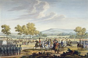 De keizerlijke garde manoeuvreert in aanwezigheid van de twee keizers in Tilsit, 28 juni 1807, gegraveerd door Edme Bovinet door Jacques Francois Joseph Swebach