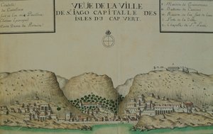 De stad Saint Jago (Santiago) op Kaapverdië, aquarel uit het logboek van Jacques Gouin de Beauchesne