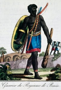 Krijger uit Benin Afrika, gravure uit Reizende encyclopedie