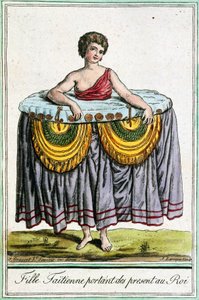 Jonge vrouw biedt geschenken aan de koning, Tahiti, Genootschapseilanden, gravure uit Encyclopedie van reizen, door Jacques Grasset de Saint-Sauveur