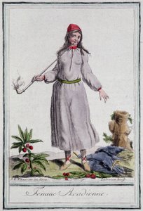 Femme acadienne - in "Encyclopedie van Reizen" door Grasset St Sauveur, ed. 1796 door Jacques Grasset de Saint Sauveur