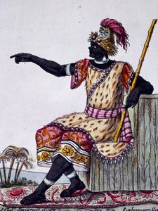 Koning van Loango, kleurgravure naar tekening door Labrousse (actief 1796), uit Encyclopedie van reizen, door Jacques Grasset de Saint-Sauveur (1757-1810) door Jacques Grasset de Saint Sauveur