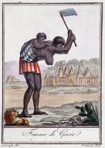 Vrouw van Goree die de aarde slaat - in "Encyclopedie van Reizen" door Grasset St Sauveur, ed. Deroy, Parijs