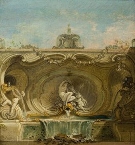 Fonteinontwerp. Naiade en Putto door Jacques Lajoue de