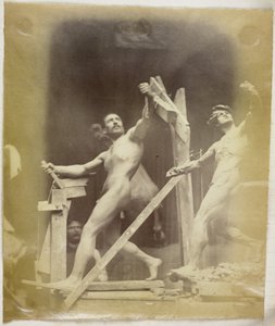 Studie van een mannelijk naaktmodel met de hand in een stellage, van opzij gezien en naast een gipsmodel in dezelfde pose door Jacques Lalaing (attributed to)