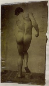 Studie van een mannelijk naaktmodel, staand en op de rug gezien, in het atelier van Jacques de Lalaing door Jacques Lalaing (attributed to)