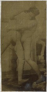 Studie van een mannelijk naaktmodel, staand en worstelend met ledenpop, mogelijk voorstudie voor het schilderij De worstelaars door Jacques Lalaing (attributed to)