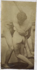 Studie van een mannelijk naaktmodel, staand en worstelend met ledenpop, mogelijk voorstudie voor het schilderij De worstelaars door Jacques Lalaing (attributed to)