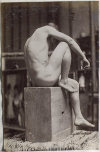 Studie van een mannelijk naaktmodel, zittend en van opzij gezien, in het atelier van Jacques de Lalaing door Jacques Lalaing (attributed to)