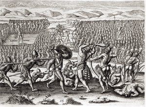 Outina verslaat Patanou met de hulp van de Fransen, Florida, 1564, uit 