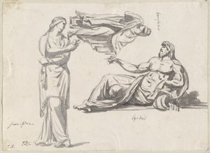 Een riviergod en twee klassieke sculpturen door Jacques Louis David