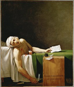 Jean Paul Marat, politicus en publicist, dood in zijn badkuip, vermoord door Charlotte Corday in ... door Jacques Louis David