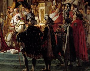 Het Ritueel van Napoleon. Detail met op de voorgrond paus Pius VII tijdens de kroning van keizer Napoleon I Bonaparte en keizerin Josephine in de Notre-Dame van Parijs op 2 december