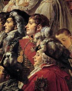 De Rite van Napoleon. Detail met Auguste Jean-Gabriel de Caulaincourt, Eugène Rose de Beauharnais en Charles Maurice de Talleyrand tijdens de kroning van Keizer Napoleon