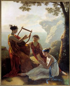 Griekse dichteres Sappho speelt lier met twee van haar metgezellen door Jacques Louis Michel Grandin