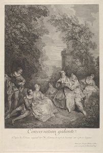 Galante conversatie: koppels in gesprek in een tuin, 1743