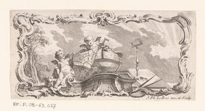 Vignet met twee putti met landkaart, globe en meetinstrumenten