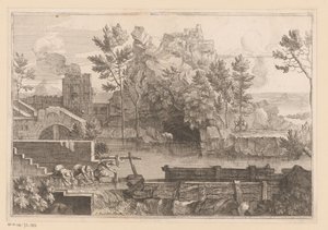 Landschap met meer en drie wassende vrouwen