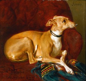 Een Greyhound rustend op een stoel door Jacques Raymond Brascassat