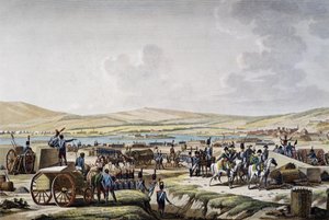 Napoleon bezoekt de belegeringswerken in Danzig geleid door maarschalk Lefebvre, gravure door Francois Jacques Dequevauviller, tekening door Jacques Francois Joseph Swebach-Desfontaines door Jacques Swebach Desfontaines