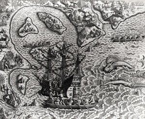 Johannes Staden Komt aan op een Onbekend Eiland en Ontdekt dat de Portugezen er al Zijn, uit Americae, Geschreven en Gegraveerd door Theodor de Bry