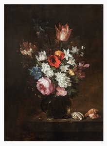 Een roos, tulp, iris, klaprozen, kamperfoelie en andere bloemen in een glazen vaas met schelpen op een richel door Jacques de Claeuw