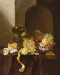 Stilleven met Fruit, een Gepelde Citroen en een Roemer op een Richel