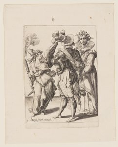 Een geblinddoekte Cupido die een fakkel voor een paar houdt, uit De maskerades door Jacques de Gheyn II