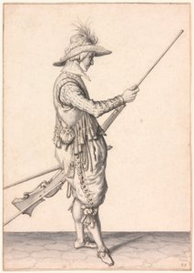 Een soldaat die een musket laadt, "Ramme in your Pouder".