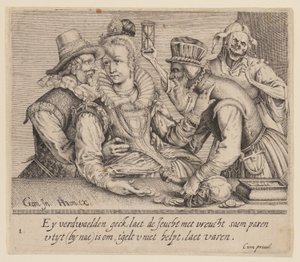 Een jonge vrouw tussen een jonge man en een oude man, uit Unequal Lovers