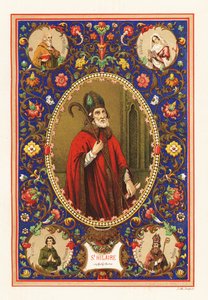 Portret van Sint Hilarius, bisschop van Poitiers, met mijter en staf, binnen decoratieve rand van loof door Jacquet Jacquet
