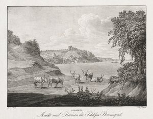 Syrmien, markt en ruïnes van het kasteel Sharengrad door Jakob Alt